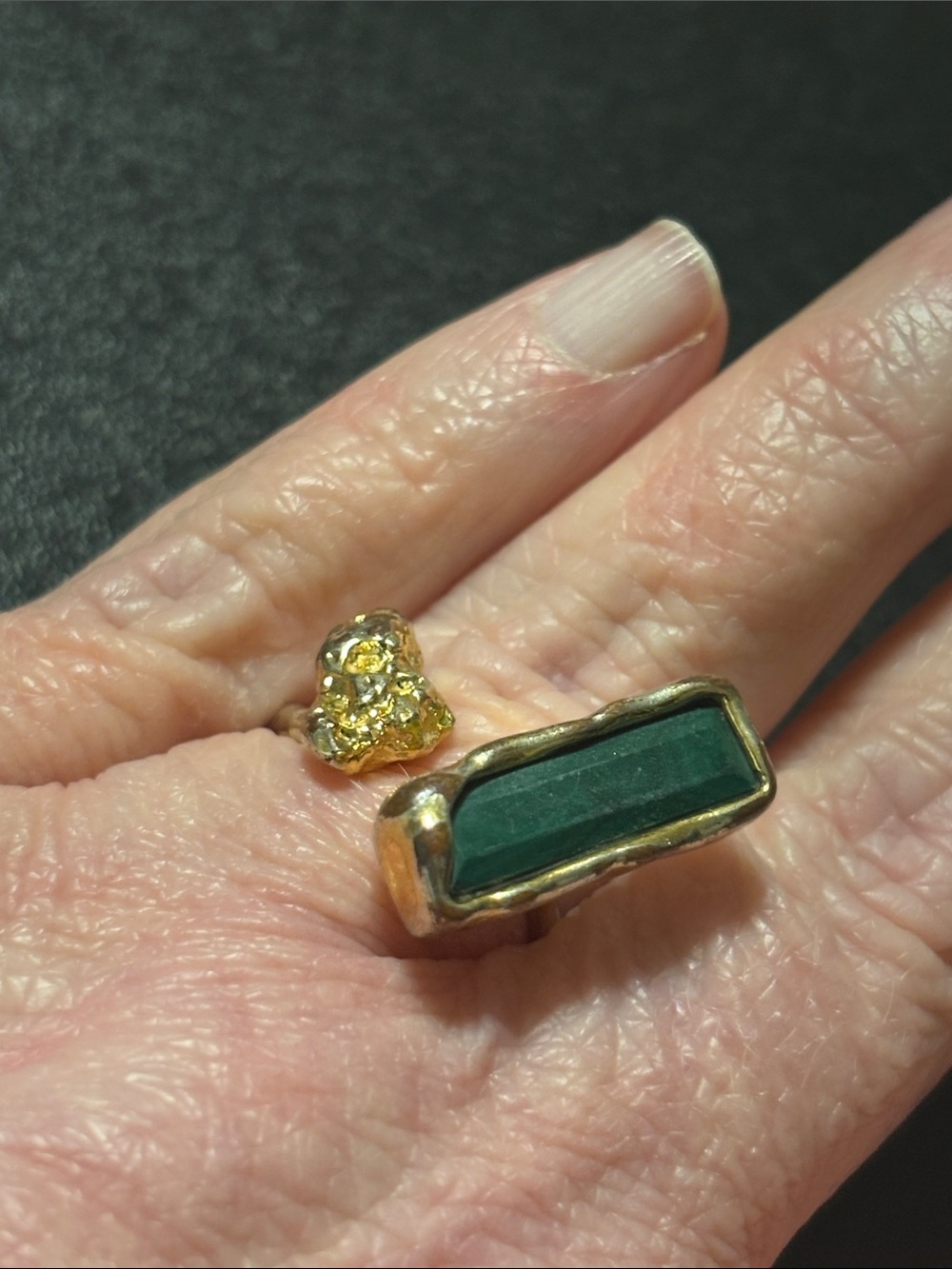 Gold-Tone Open Bypass Ring‎ with Rectangular Green Stone and Yellow Accent